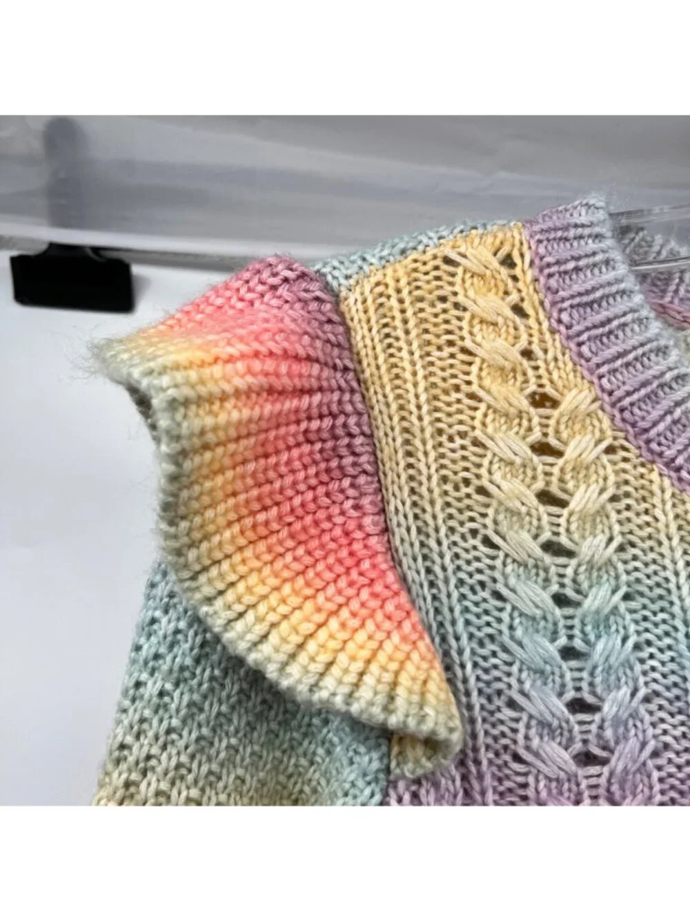 Loft Womens Rainbow Knit Sweater Long Sleeve Ruffle Shoulder Size Small